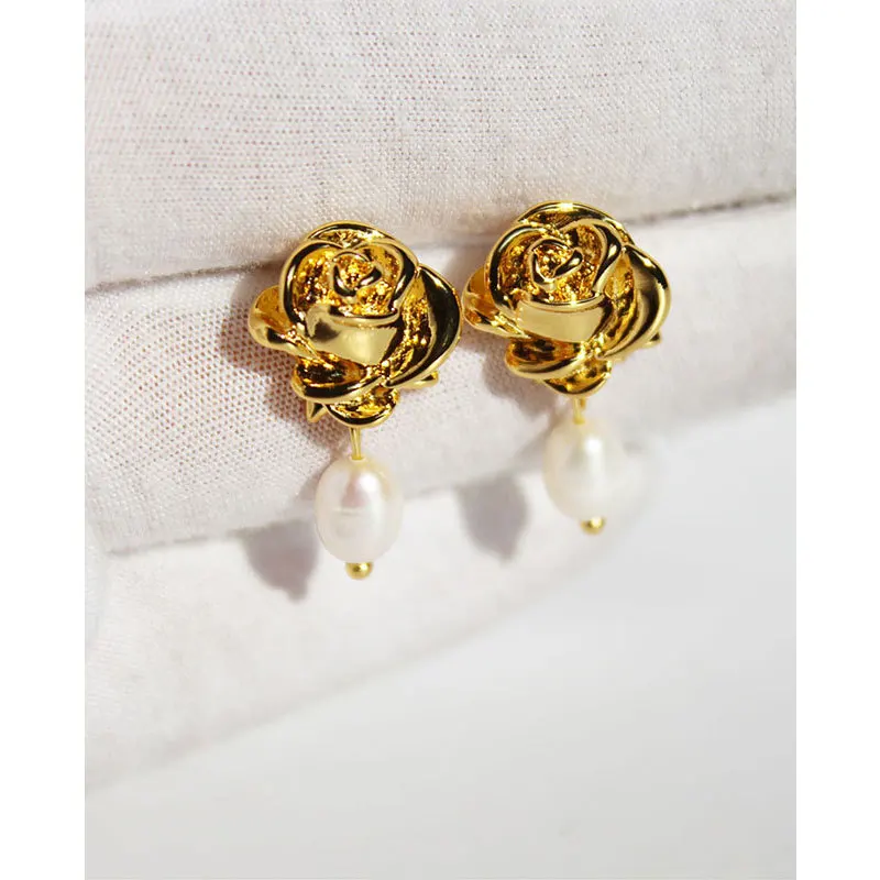 Elegant 3D Rose Shaped Earrings Brass Gold Plated with Freshwater Pearl Pendant 925 Silver Post