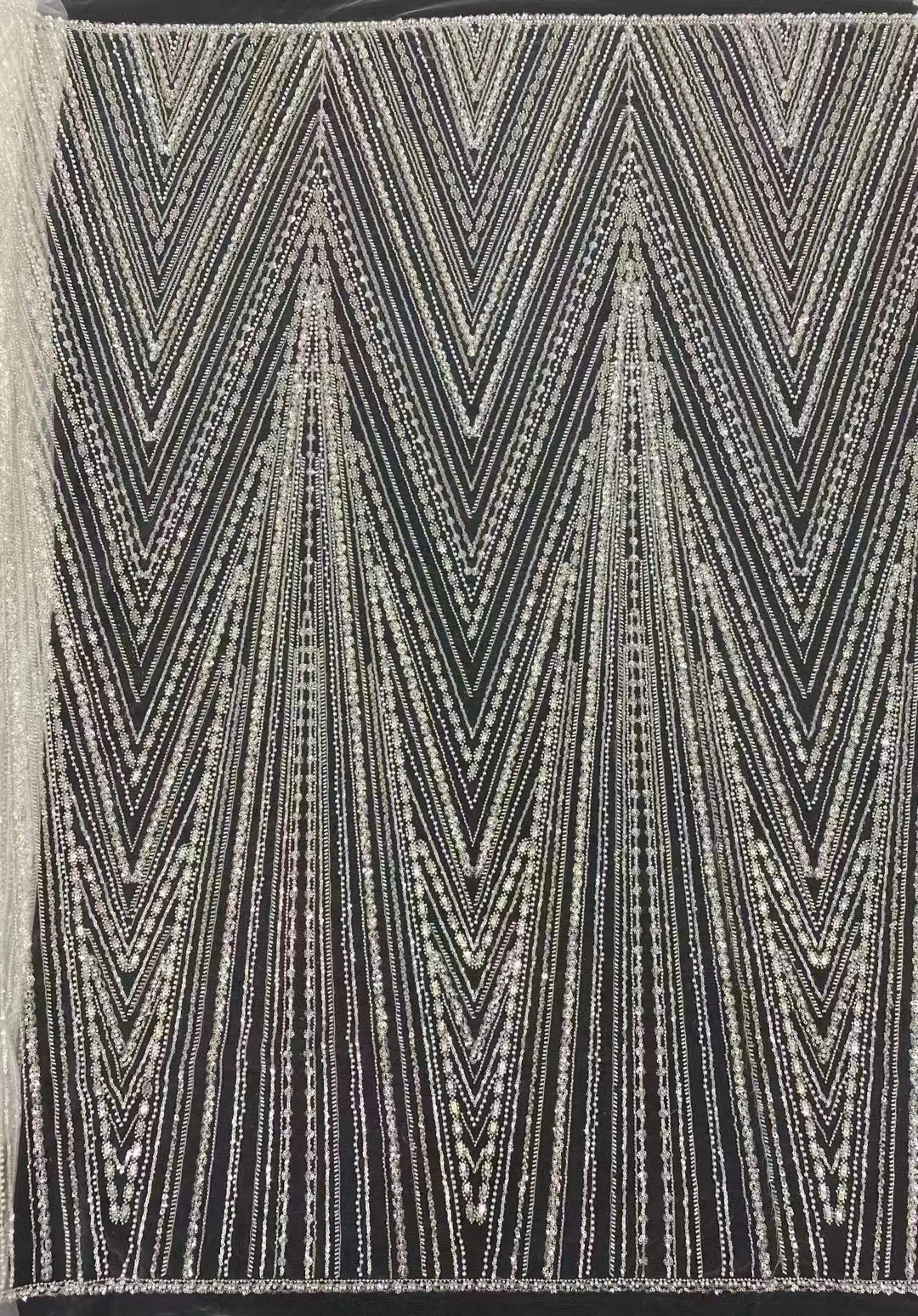 

Explosive French tulle lace vertical stripes sequin embroidery fabric, fine bead tube beads striped wedding party dress fabric