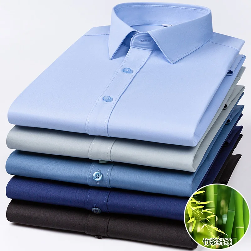 Men Social Shirt Bamboo Fiber Long Sleeve Anti-wrinkle Non-ironing Slim Fashion Casual Business Office White Blue Shirt S-4XL