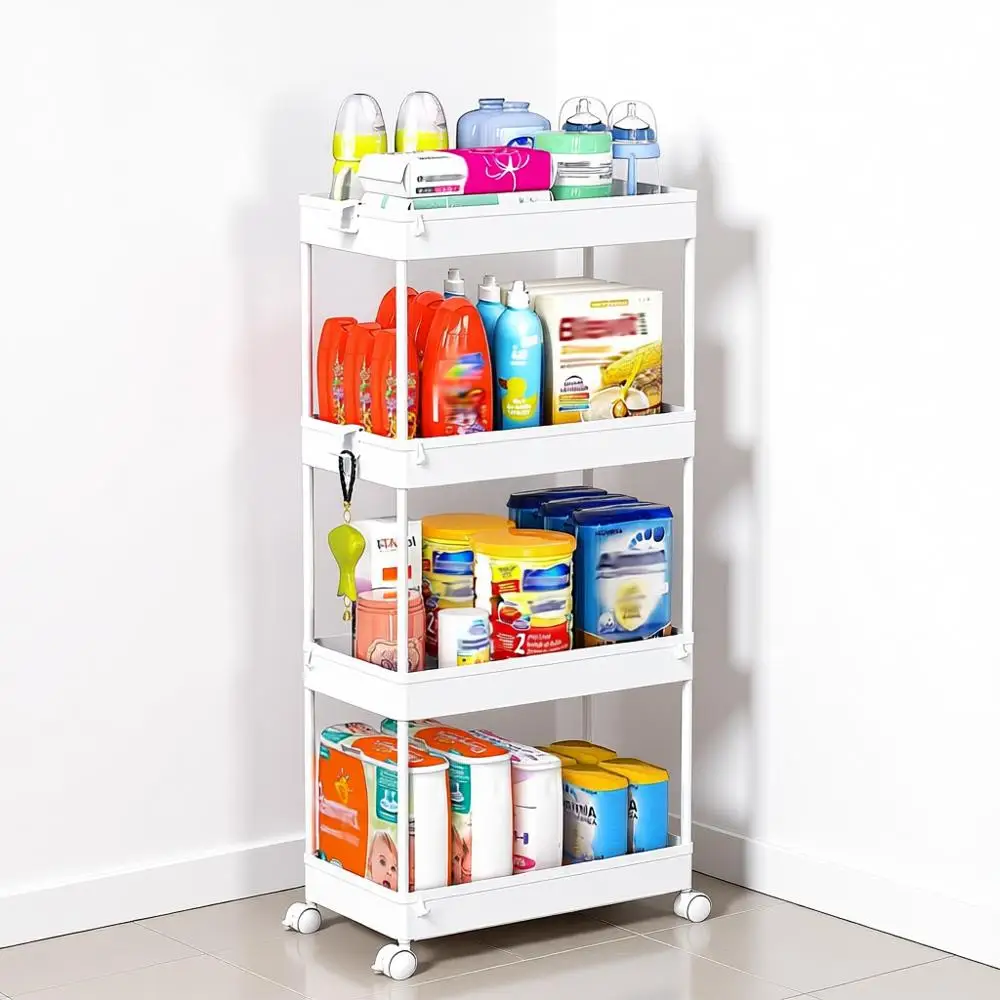 

4-ярусная мобильная полка-стеллаж, органайзер для хранения вещей для кухни, гостиной, ванной комнаты, прачечной