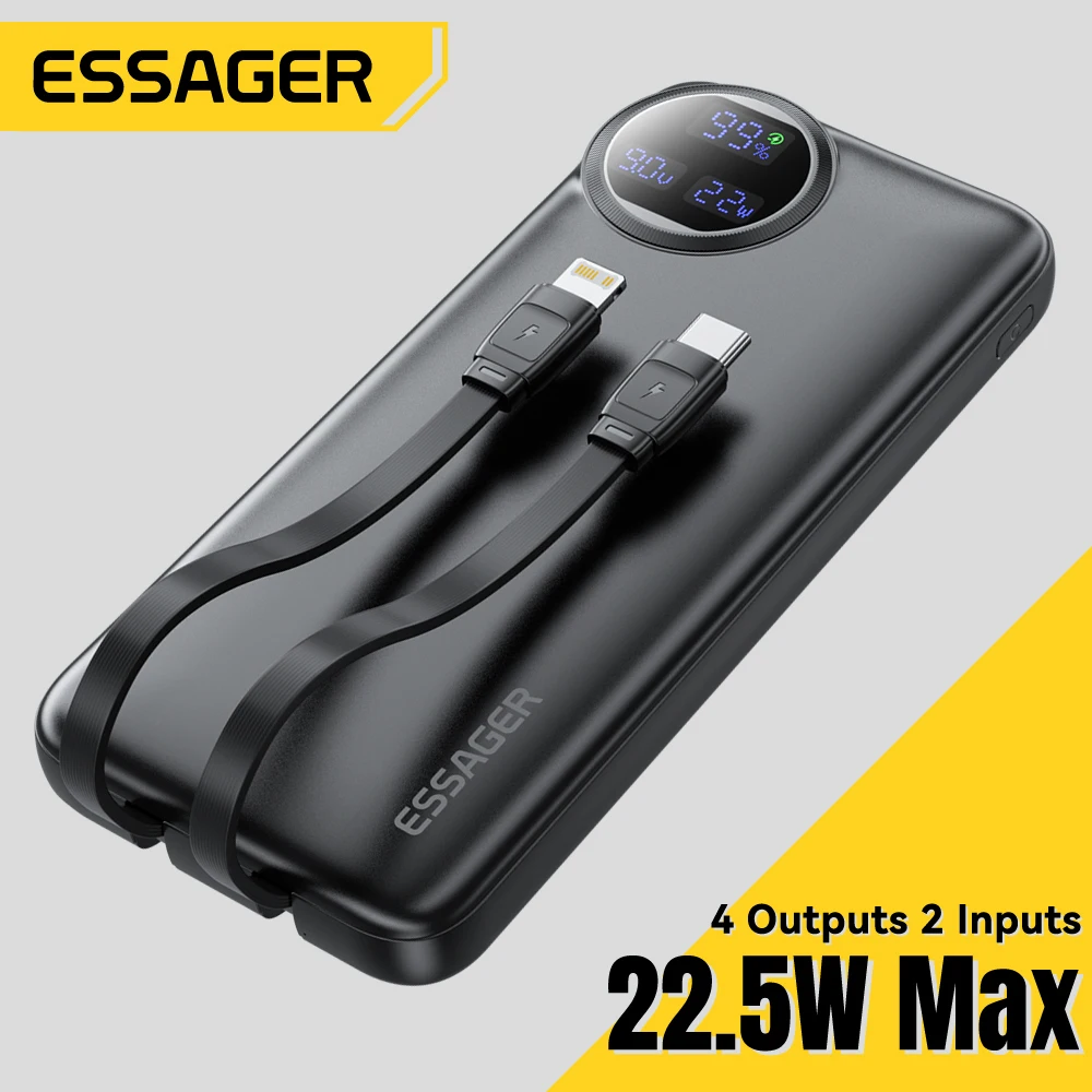 

Essager 22.5W Power Bank 20000mAh with Two Built-in Cables Portable Charger For iPhone 15 Pro Max,Charge 4 Devices at Once ﻿