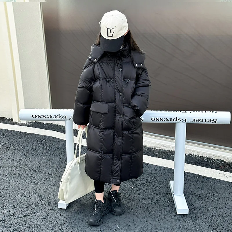 Girls Down Jacket Long Down Jacket 2024 Winter New Foreign Air Thickened White Duck Down Korean Simple Style Fashion Clothes