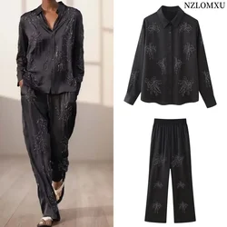 Beaded Embroidery Long Pants Sets For Women 2 Pieces 2024 New Fashion Shirts Top Women's Suit Two Piece Set Women Outfit