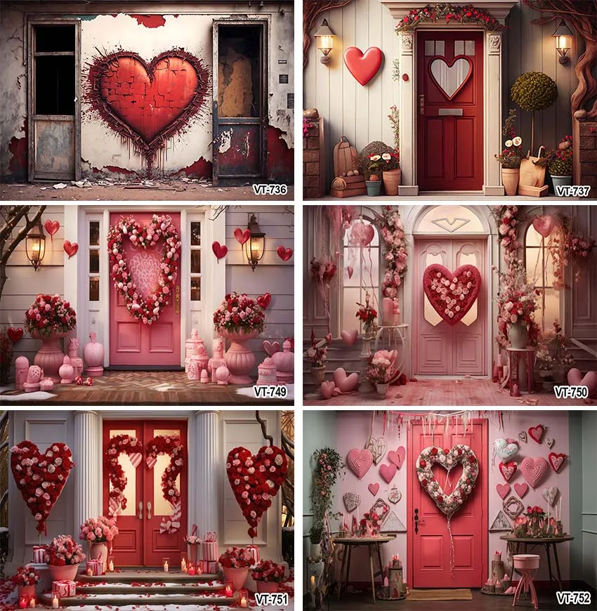 

Valentines Day Backdrop Red Rose Vintage Wooden Doors Brick Wall Background for Photography Wedding Valentine Party Decor Banner