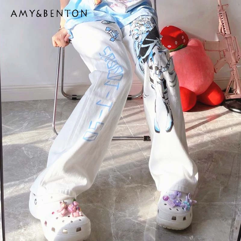 

2024 New Japanese Two-dimensional Yuan Summer New Printed Wide-leg Pants White Cartoon Straight Casual Sweatpants For Women