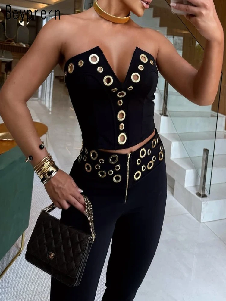 

Beyprern Luxury Metal Ring Hollow Out Two Piece Set Women Elegant Metal Rivet Crop Top And Wide Legs Pants Set Night Clubwear
