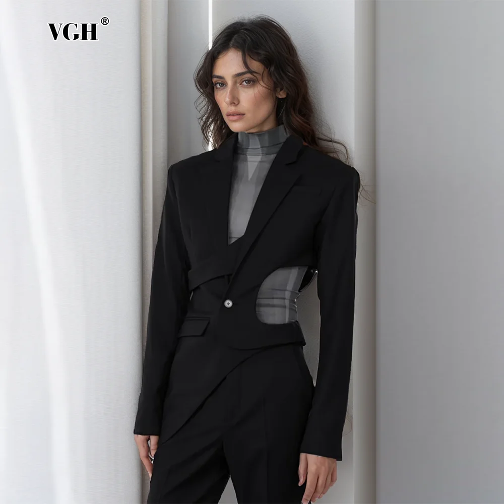 VGH fashion asymmetrical blazer nothced collar long sleeve hollow out slimming vintage soild blazer female fashion clothing new