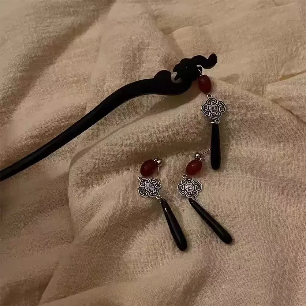 Retro Lotus Flower Hairpins Earrings Set for Women Black Walnut Wood Shell Pendant Hair Accessory Ethnic Elegant Hair Jewelry