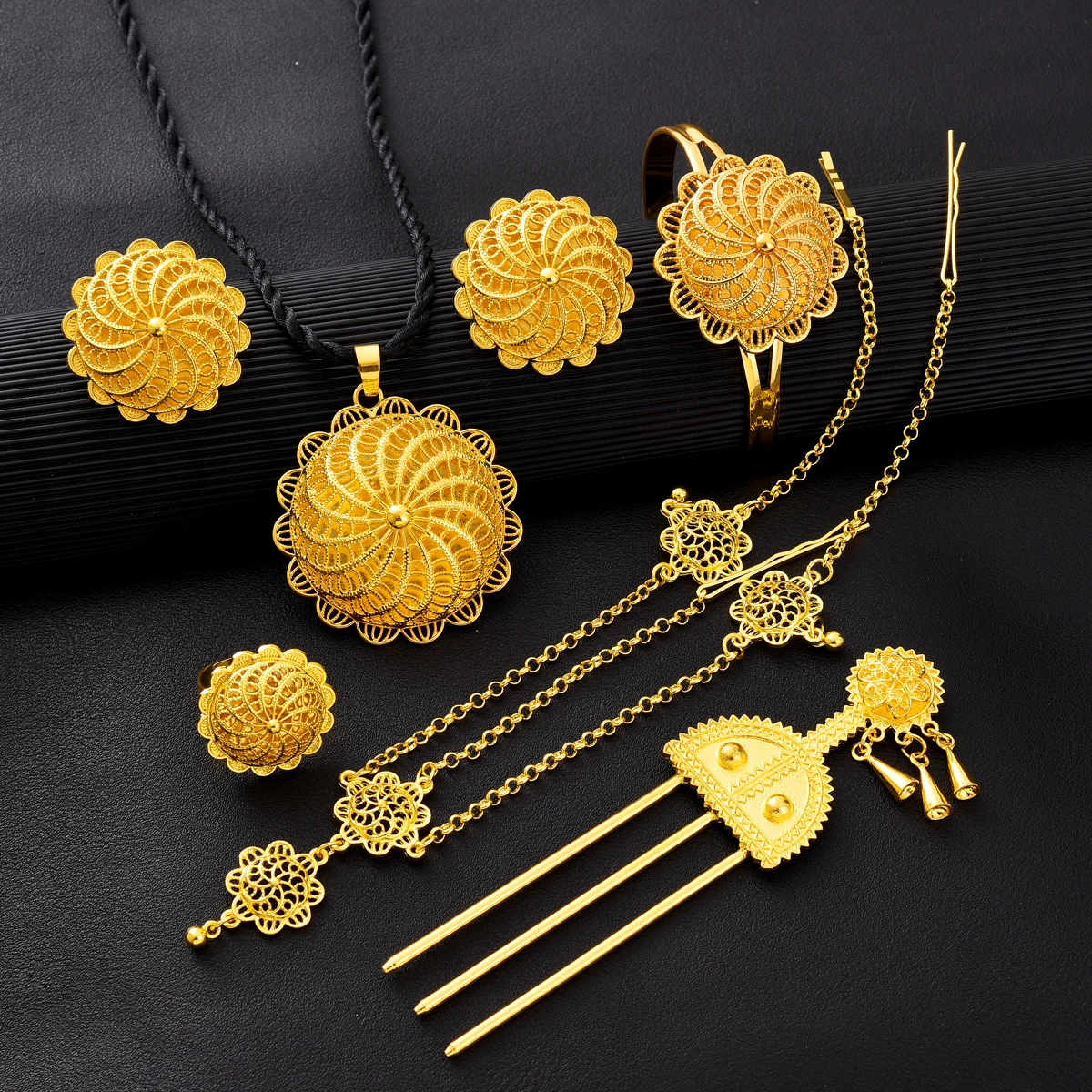 Ethiopian Jewelry Set Pendant Earrings Ring Hairpin Head Chain Bangle 6-Piece Sets African Eritrean Wedding Engagement Gift #253
