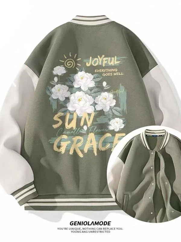 

Loose Fit Color Blo Baseball Jaet Men's Casual round Ne Coat Tea Rose Pattern Spring Autumn New Sle 300 Pou Size