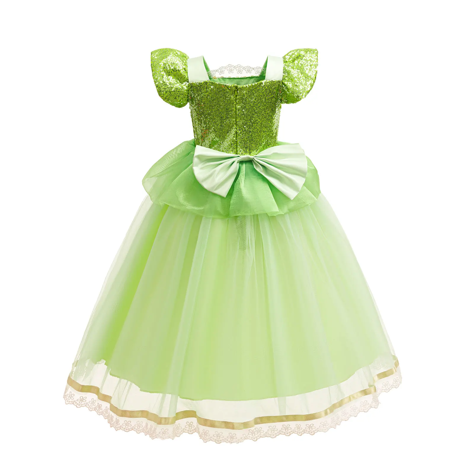 Prinzessin und Frosch Märchenkostüm Mädchen Sommerliches Frisches Grünes Kleid mit Pailletten Flügelärmeln Große Schleife Partykleid Tiana Cosplay Outfit – Detail 3