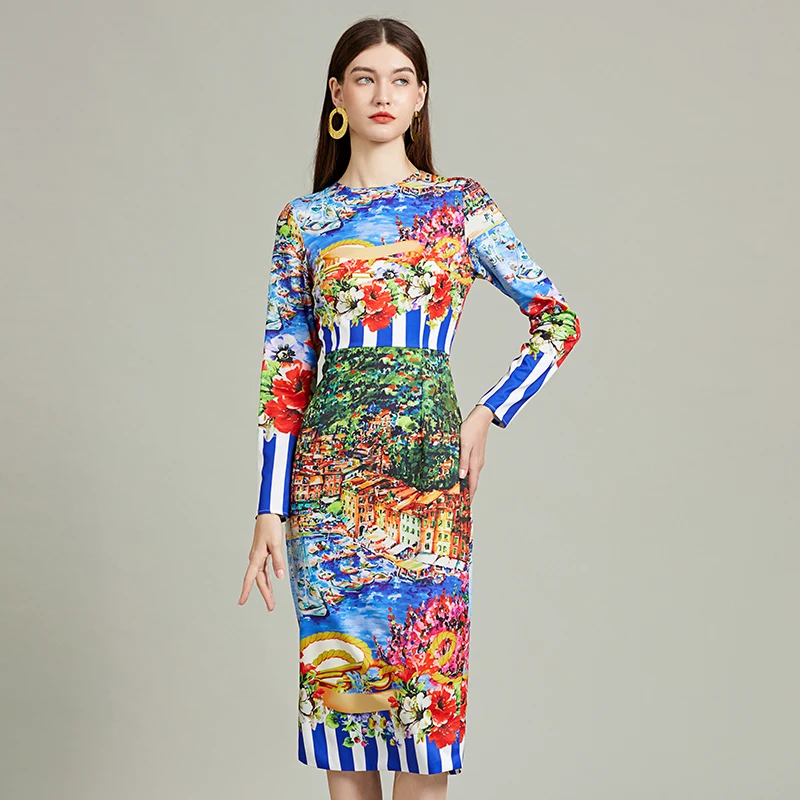 Runway Fashion Striped Landscape Painting Bodycon Dress Women Holiday O-Neck Long Sleeve Elegant Split Midi Vestidos 574