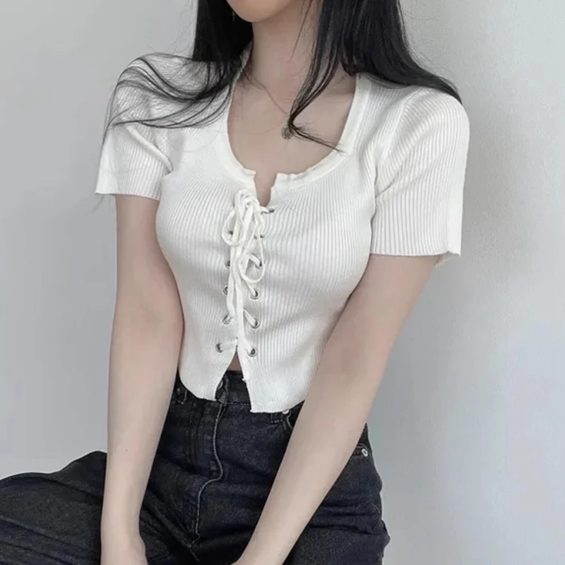 

White Short Sleeve Knitted Cross Tie Women's T-Shirt Summer New Style Slimming Short Length Belly Baring Top Commute Style