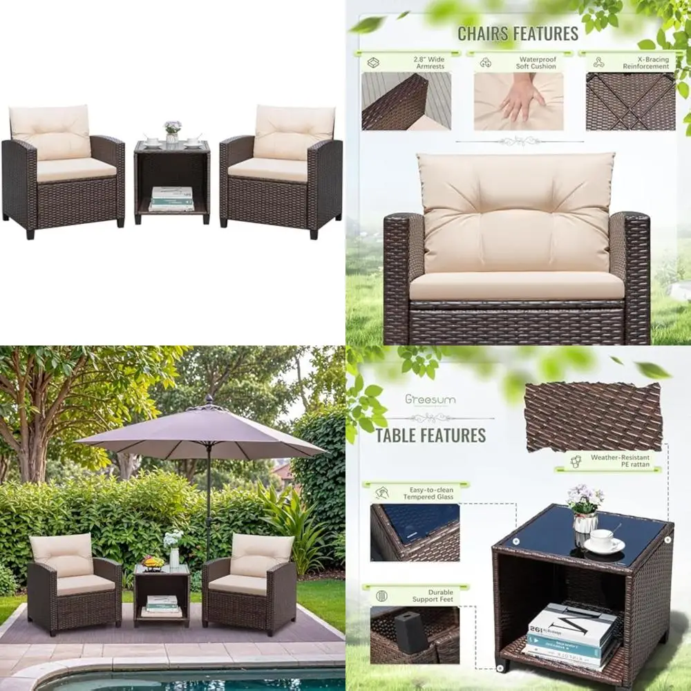 

3-Piece Outdoor Patio Furniture Set with PE Rattan Chairs, Cushions, and Glass Coffee Table for Garden Backyard