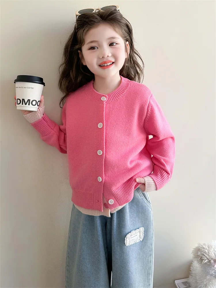 

Girls' Knitted Cardigan Spring and Autumn Wear2025New Stylish Autumn Winter Outfit for Girls, Faux Two-Piece Sweater Coat