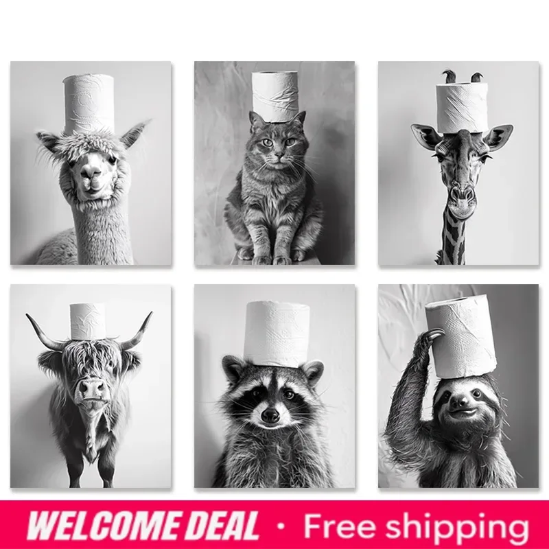 2026  Funny Animal Bathroom Mural Head Over Toilet Paper Roll Highland Cow Raccoon Modern Art Canvas Painting Toilet Decor Po