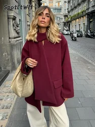 2024 Nowa modna bordowa czerwona wełniana kurtka garniturowa z szalikiem i kołnierzem dla kobiet Szykowne, ponadgabarytowe kieszenie z klapką Solidne płaszcze Lady Streetwear