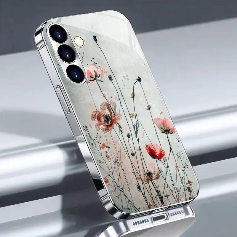 Artistic Flower Pattern Glass Phone Case Suitable for Samsung Galaxy S26 S25 S24 S23 S22 S20 FE/Ultra/Plus Anti Drop Back Cover