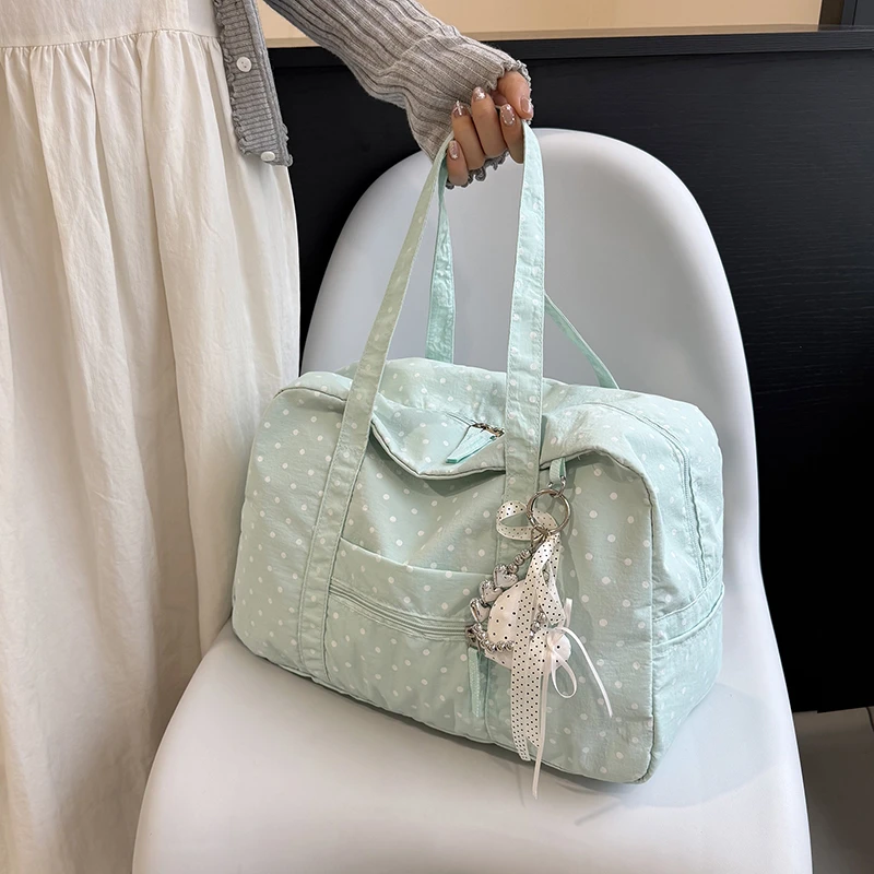 Women Portable Travel Shoulder Bag Large Capacity Casual Handheld Luggage Pouch Sweet Polka Dot Print Handbag Commute Handbag