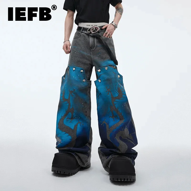 

IEFB Niche Design Vintage Male Jeans Personality Dragon Pattern Spray Painted Denim Pants Detachable Overalls High Street 24Y153