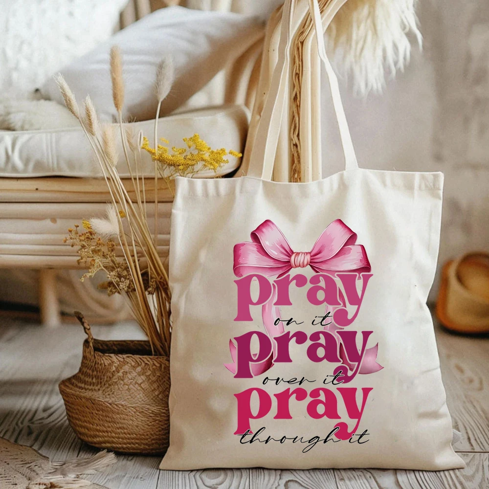 Modne torby z grafiką Christian Pink Coquette Super Cute Pray on It Coquette Bow Bundle Ladies Lovely Shopping Canvas Handbag