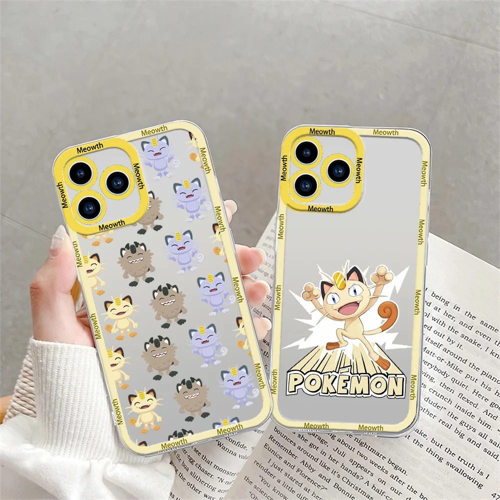 MINISO Pokemon Meowth Phone Case for iPhone 12 11 13 14 15 16 Max Pro Plus Transparent Bezel Shell