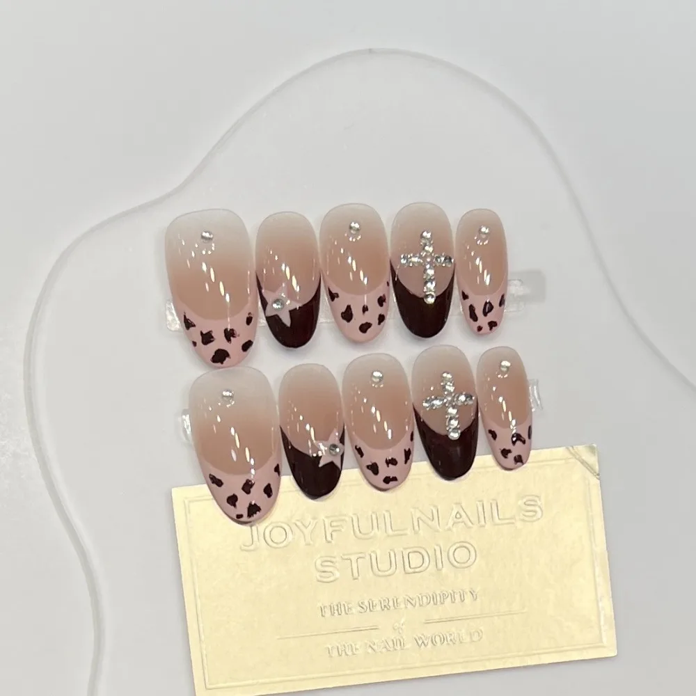 

10 Pieces Autumn Gentle Cute Pink French Handmade Press On Nails Leopard Starlight Diamond Cross Fake Nails Removable Reusable