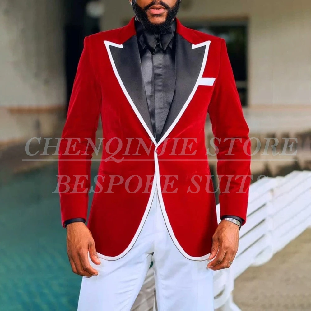

Customzied Men's Suits Luxury One-Button Slim Fit Red Blazer with White Pants High Quality Wedding Male Clothing Costume Homme