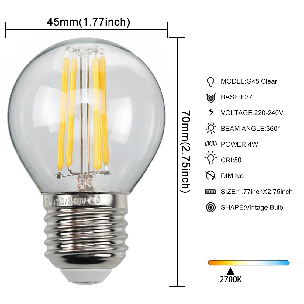 Imagem -02 - Edison Retro Lâmpadas Led Lâmpada de Iluminação Decorativa Lâmpada Antiga Lâmpada Pequena G45 220v 4w 6w 2700k 110130v Pcs Pack