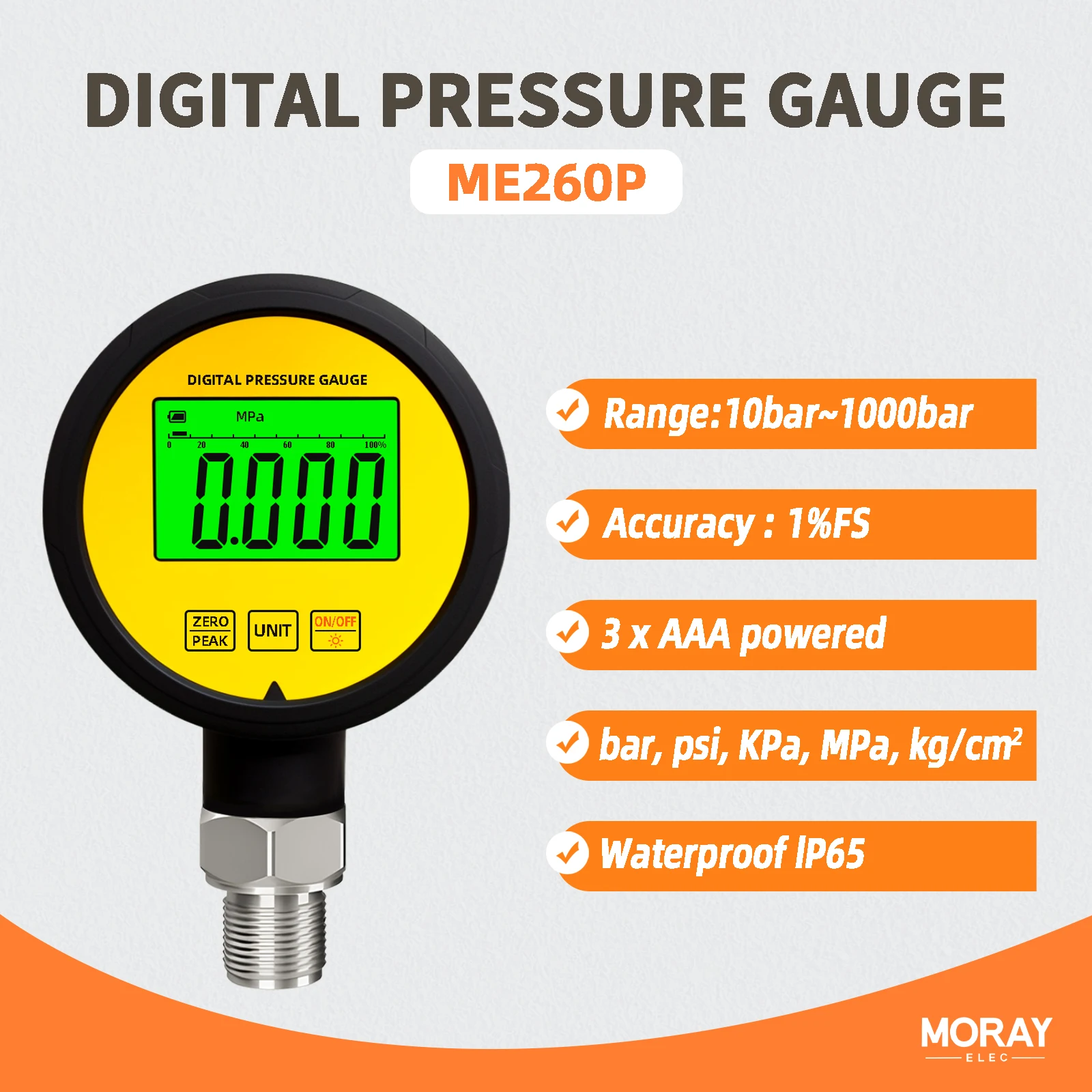 MORAY ME260P الرقمية مقياس الفراغ مضخة الضغط متر 83 مللي متر دقة 1% FS للهواء الغاز زيت الماء متر محول الضغط