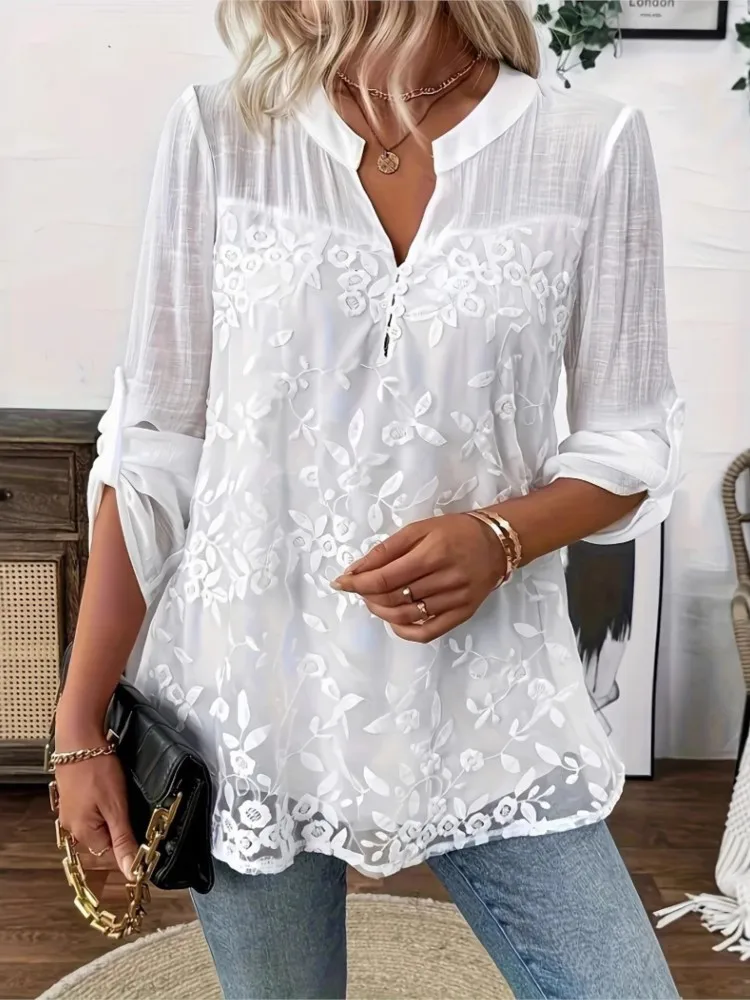 

Fashion White Lace Shirt Top For Women Casual V Neck Long Sleeve Pullover Shirts Tops Lady Spring Autumn Holiday Womens Clothing