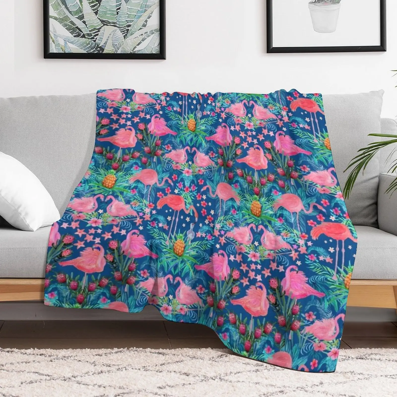 Flamingo watercolor pink Paradise with hibiscus flowers, protea flowers and palm leaves Throw Blanket