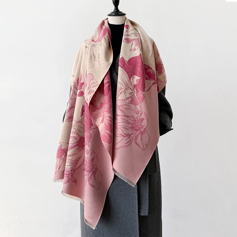 New 2024 Luxury Brand Elegant Lotus Design Women Winter Cashmere Scarf Thick Warm Shawl Wraps Pashmina Soft Lady Neckerchief