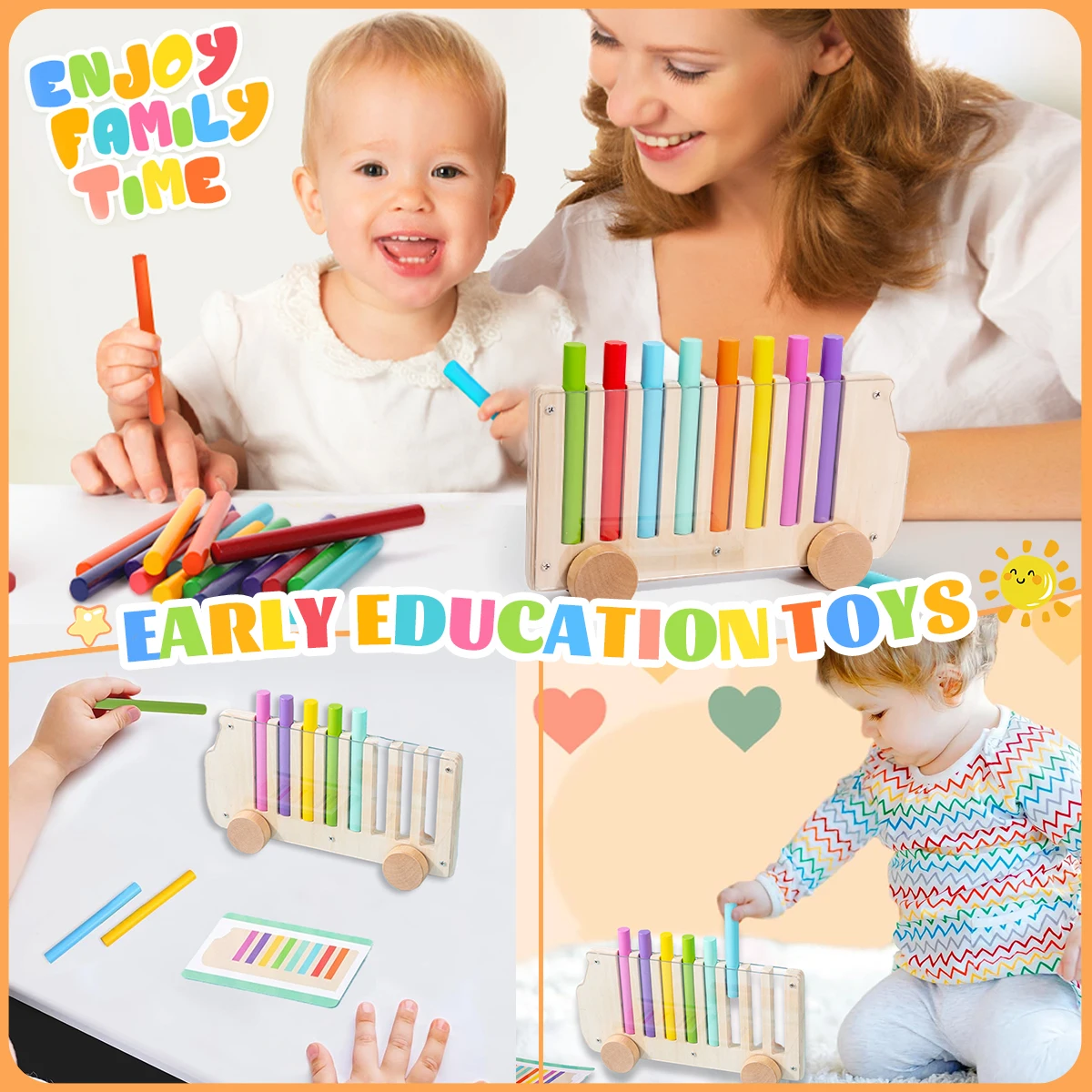 Wooden Bus Stick-insert Game Math Learning Toys，Birthday Gift Color Matching Game Toy，for Home School Living Room Age 18M+