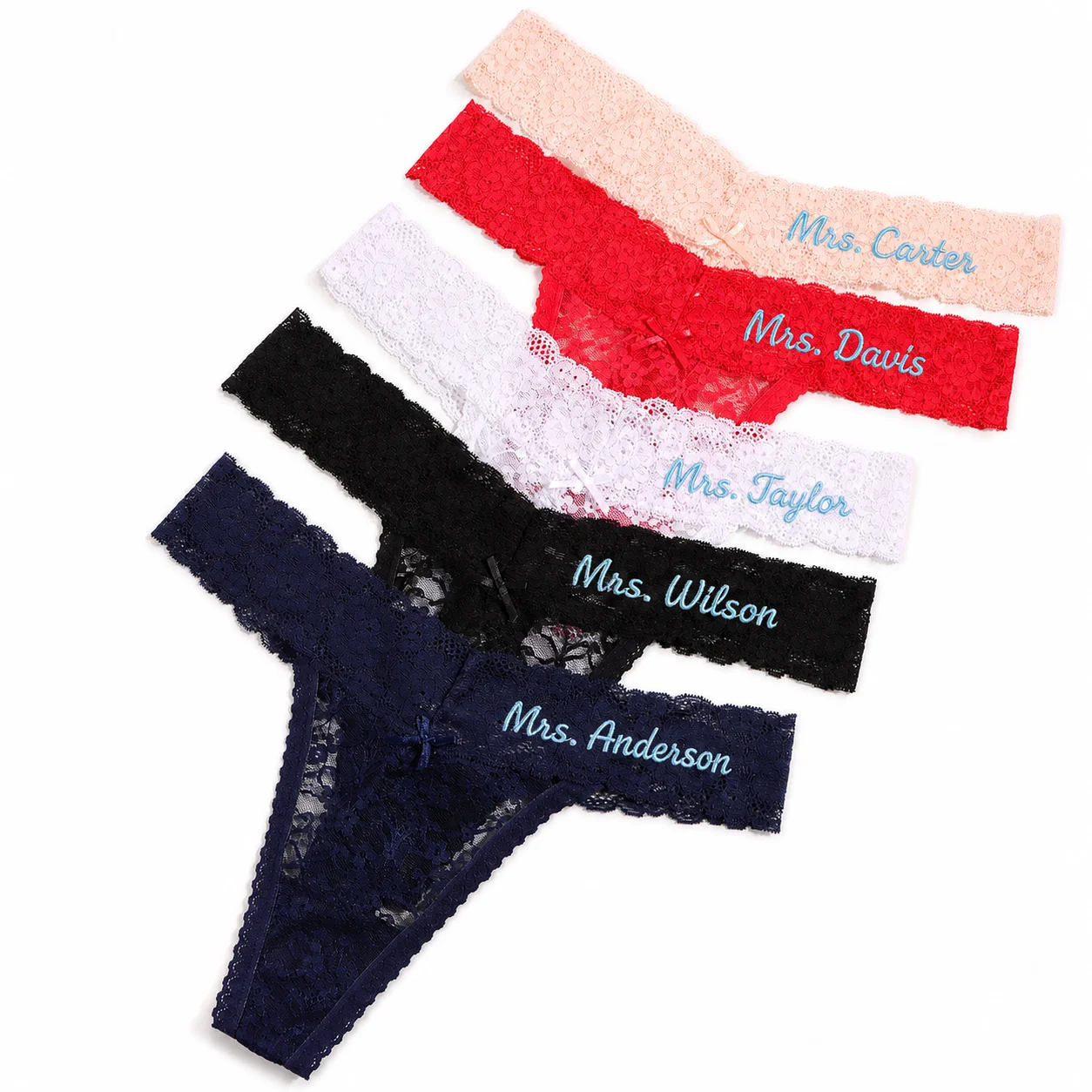 Custom Name Embroidered Lace Thong Panties for Women Personalized Bridal Underwear Wedding Gift 5 Colors