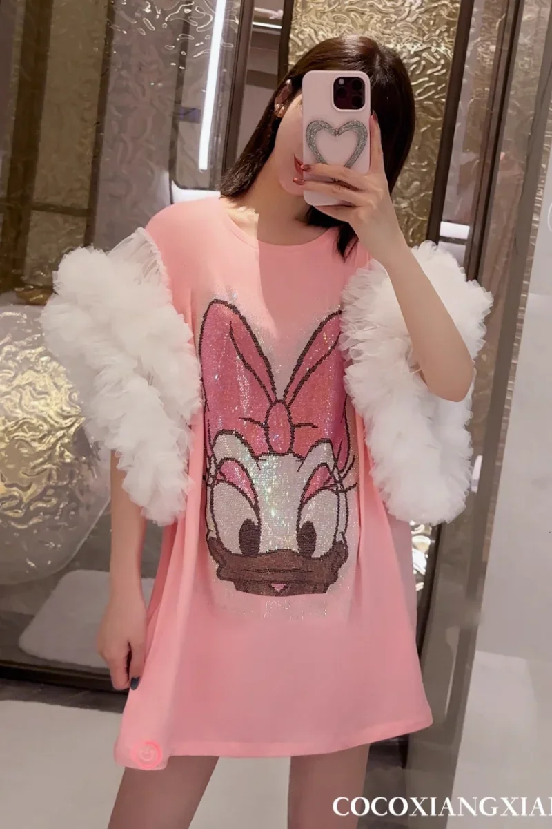 Thai Rhinestone Cartoon T-shirt Heavy Industry Net Yarn Stitching Loose Mid-Length Tshirt Dress Women\'s Y2k Clothes