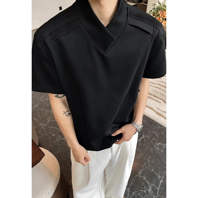 Plus Size Men's V-Neck T-Shirt Short Sleeve Cuban Collar Structured Top Minimalist Summer Streetwear Loose Fit Clothing Male 5XL