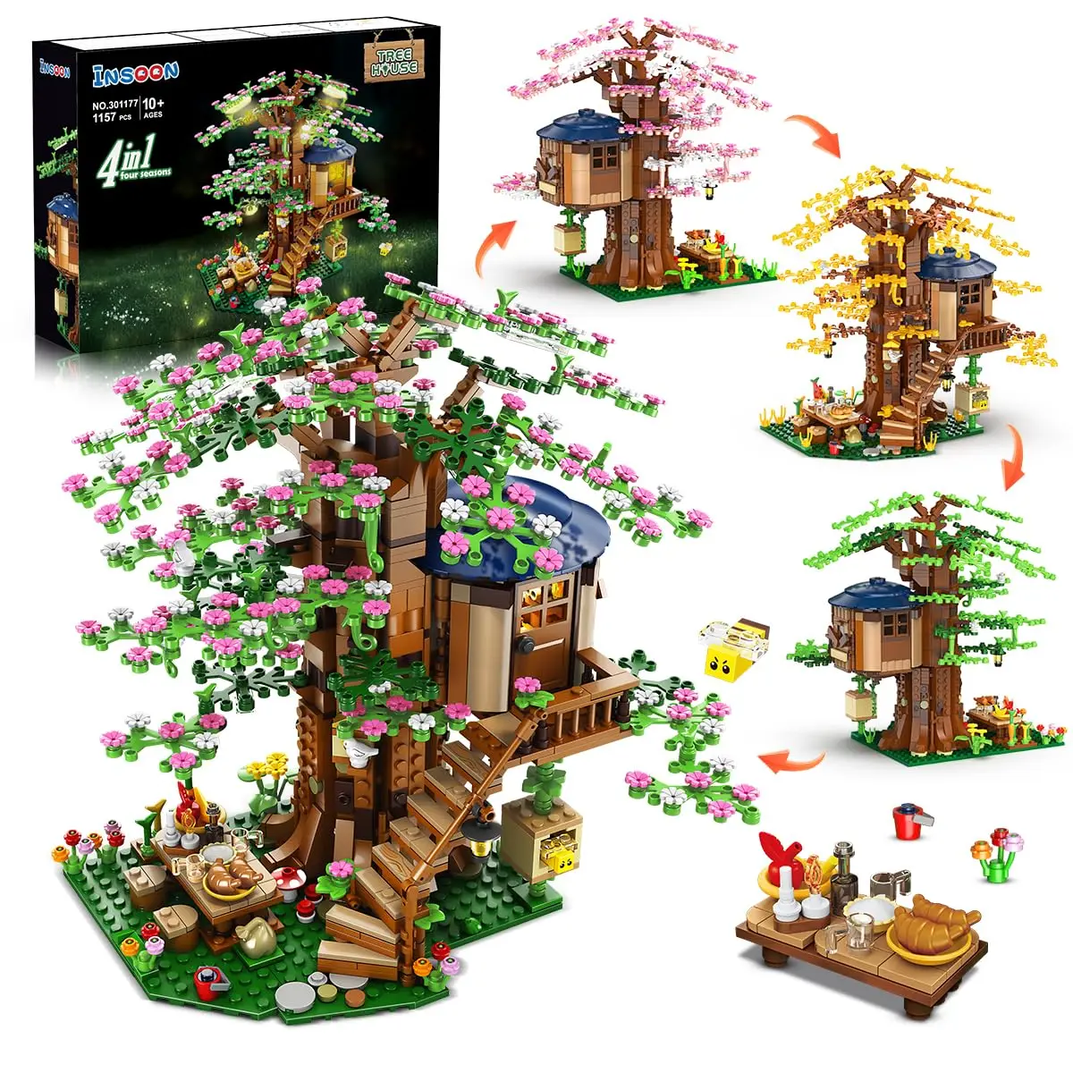 4 in 1 Tree House Building Set with LED-Flowers Treehouse Toy Forest Wood House Kit with Bird Bee Gift for Adults Teens Kids10+