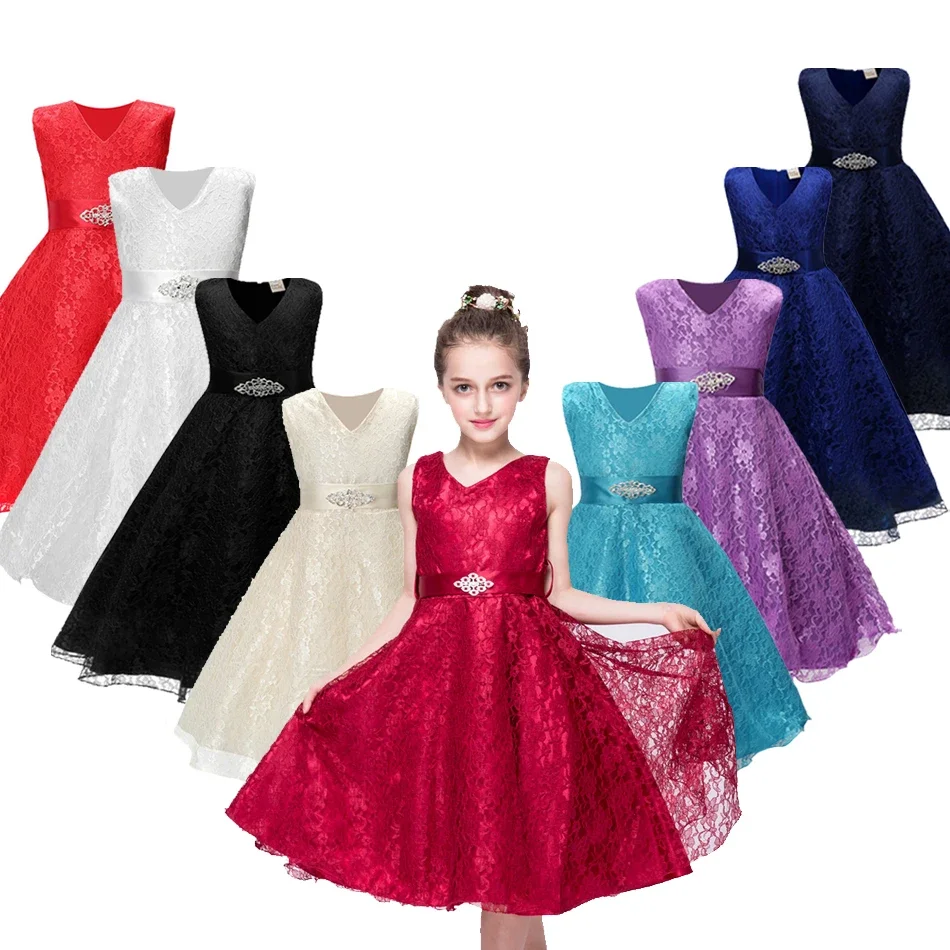 Girls Princess Dress Sleeveless with Rhinestone Sash Children Lace Party Dress Kids Wedding Birthday Ball Gown Gift