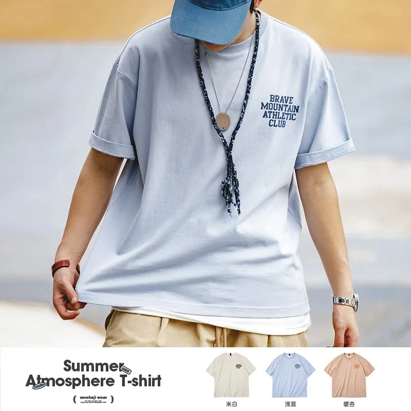 Maden Workwear Tee American Casual Macarone Short Sleeve T-shirt Flocking Letter Printing All Cotton Round Neck Top Men's Summer