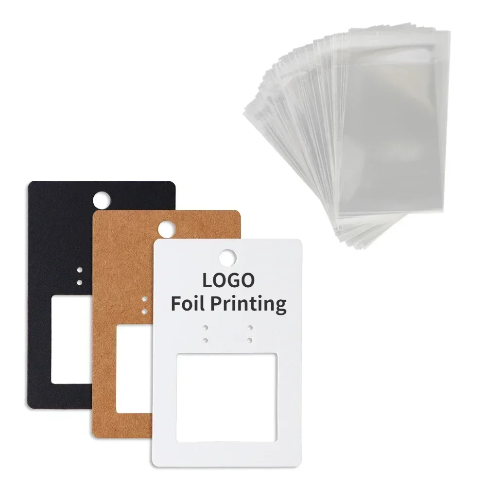 100pcs Plastic Bag White Black Brown Custom Logo Foil Printing Hang Hollow 4 Holes Earrings Card For Jewelry Making DIY Packages