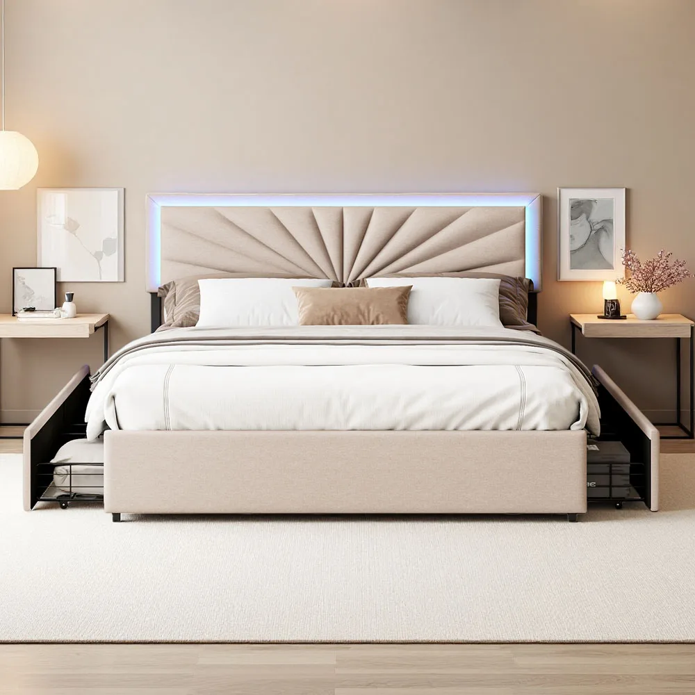 Cama Doble Superaly con Almacenamiento, 4 Cajones y Base de Láminas de Madera, Cama Tapizada con LED, Elegante Color Beige, para Jóvenes