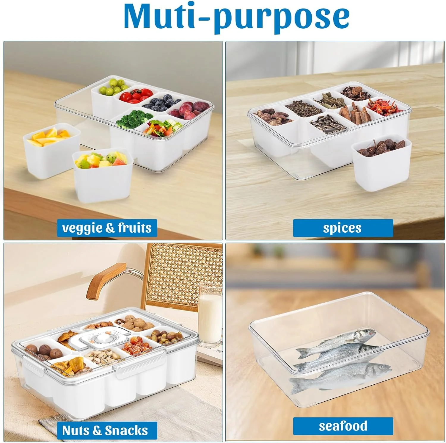 Divided Veggie Tray with Lids for Party Stackable Snack Trays Fridge Appetizer Charcuterie Relish Platter Food Storage Container