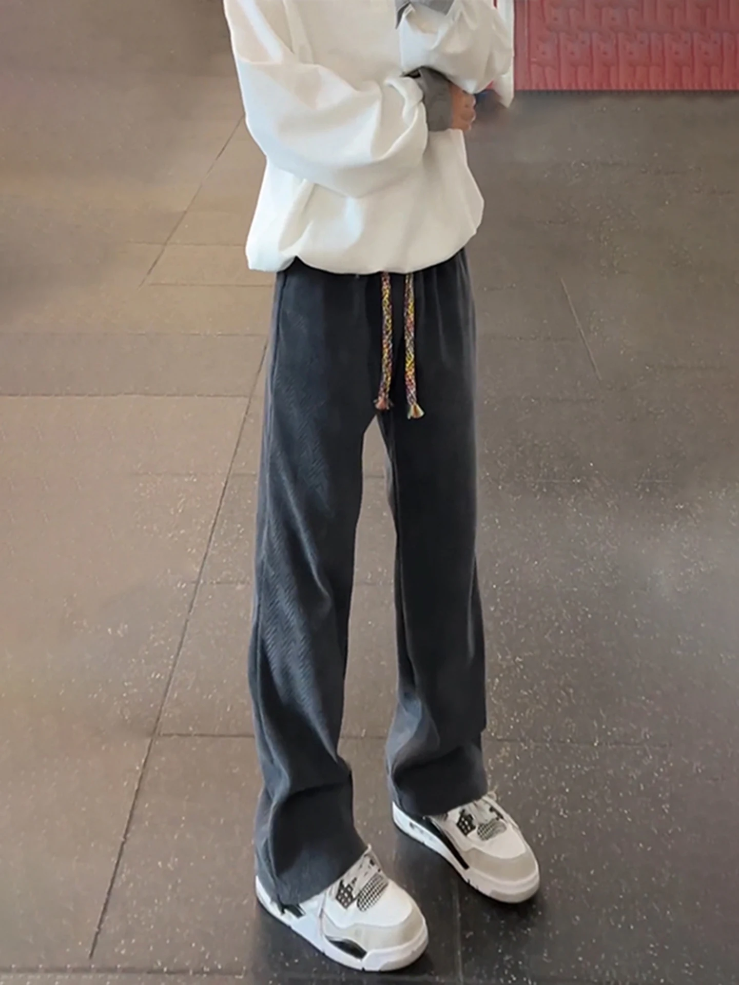 

Dark Grey Wheat Pattern Embroidered Men's Autumn Winter American Style Heavyweight Sweatpants Casual Sports Leisure Trousers