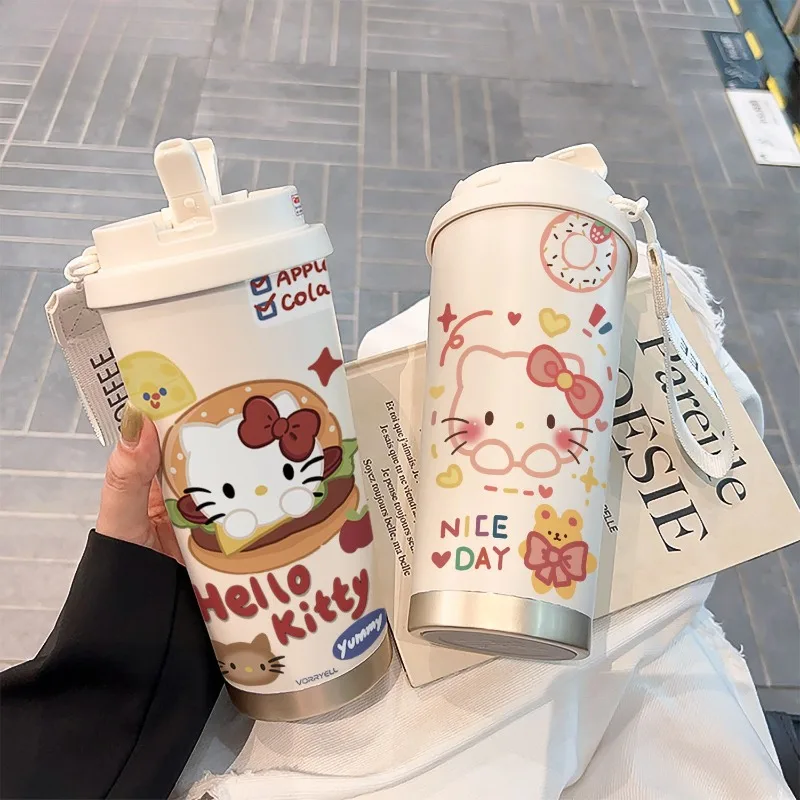 

Чашка-термос с героями мультфильмов «Hello Kitty», большая емкость, портативная чашка для кофе из нержавеющей стали, высоко выглядящая креативная изысканная спортивная соломенная чашка