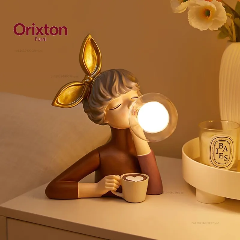Cartoon Bubble Girl Night Light Resin Statue Action Figure Ornaments Home Living Room Bedroom Bedside Lamp Table Decoration