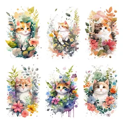 Cute Cat Cats in the Flowers Iron On Heat Transfer Stickers For Clothes DIY DTF Pinted Vinyl Appliques Washable T-Shirts Thermal