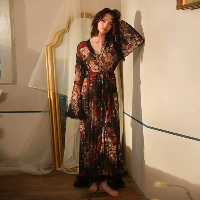 

Sexy Nightwear Women Elegant Vintage Print Tulle Robe Ruffles Long Sleeve V-Neck See Through Nightgowns Romantic Long Soft Robe
