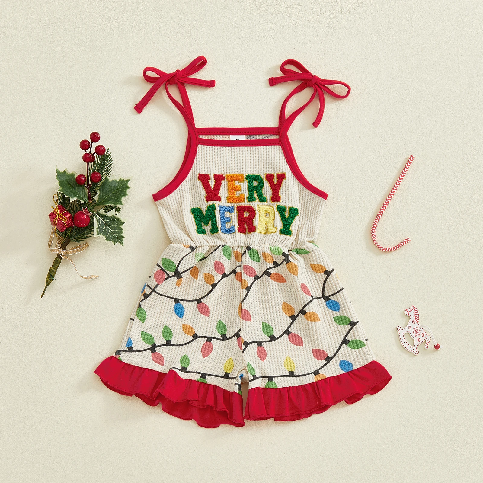 Salopette short de noël pour petites filles, lettres brodées, lumières imprimées, cravate sur les épaules, combinaison à volants