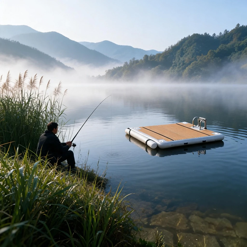China Raft Drop Stitch Fishing Floating Platform EVA Water Dock Pontoon Leisure Mat Inflatable Floating Dock with Wood Grain EVA